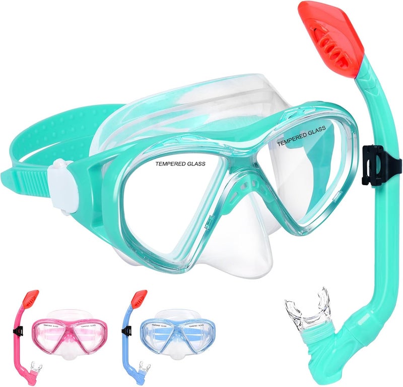 ACQCES Kids Snorkel Set Dry Top Snorkeling Gear for Kids Youth Boys Girls Junior Age 5-15,Tempered Glass Swimming Diving Mask and Snorkel Set 180 Degree Panoramic View - Image 1